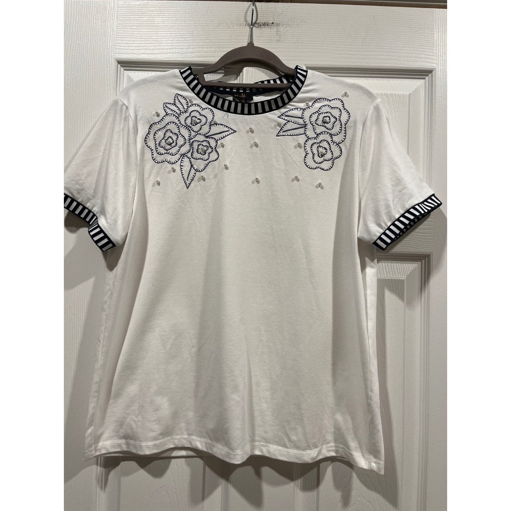 On Twelfth White Floral Embroidered Pearl Accent Striped Trim Top XL Womens